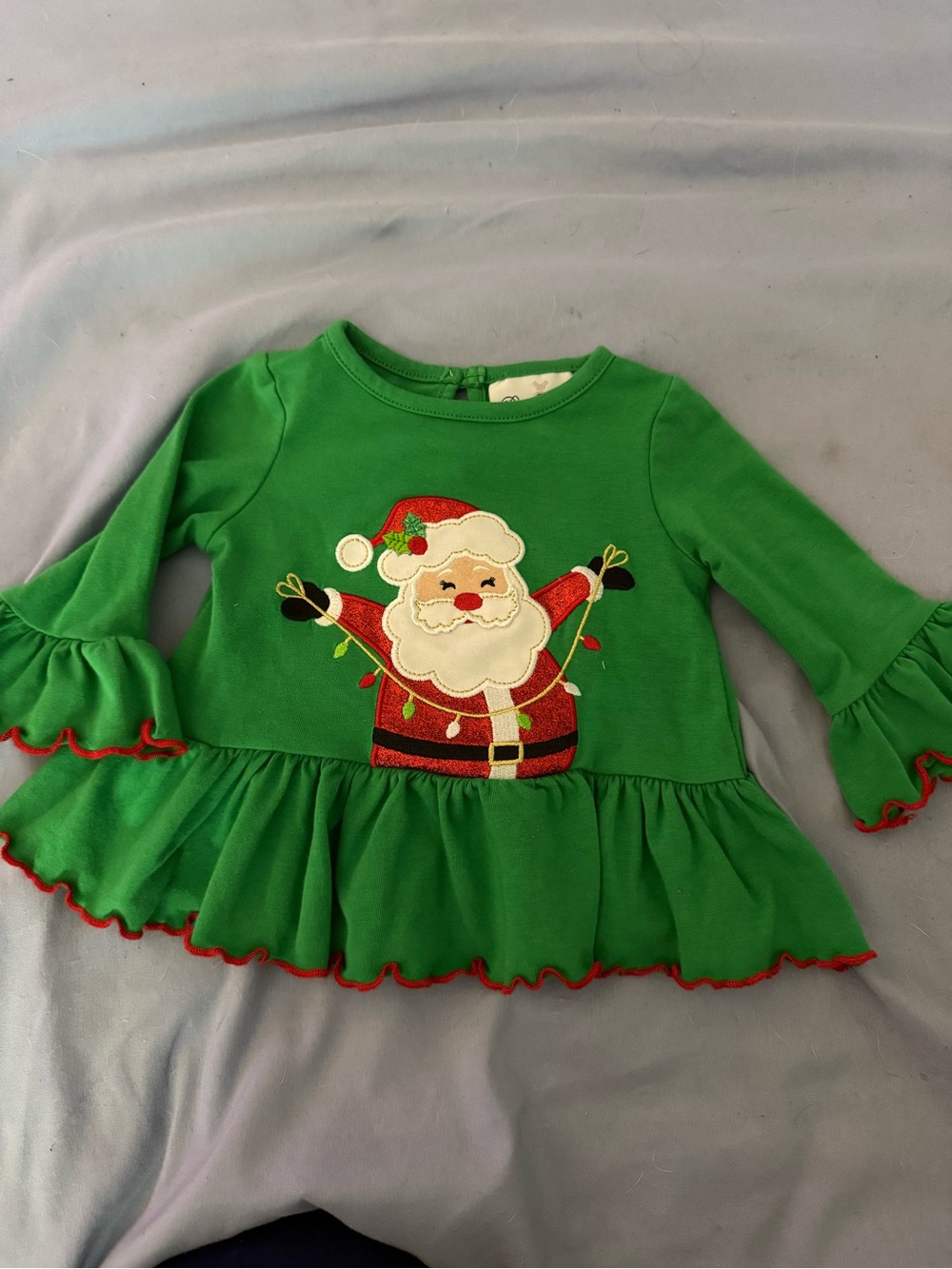 Rare Editions Green Ruffle Santa Peplum Top with Red Trim